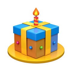 3D rendered birthday cake square box design, colorful, candle, on a golden stand