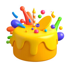 3D rendered birthday cake with floating party decorations, black background