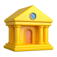 3D rendered golden building with pillars, a circular window, and a closed door