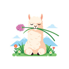 Obraz premium A charming fluffy llama sits peacefully in a vibrant meadow, holding a pink flower gently in its mouth, with serene mountains and clouds in the background.