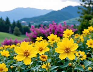 Obraz premium Serene Flower Field with Mountain Backdrop