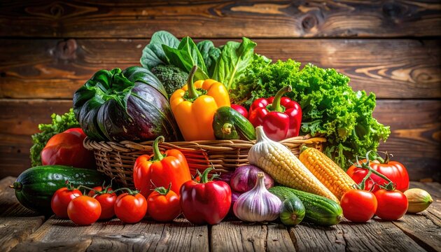 Abundant Harvest of Fresh Colorful Vegetables in Rustic Wicker Basket on Weathered Wooden Surface with Warm Sunlight