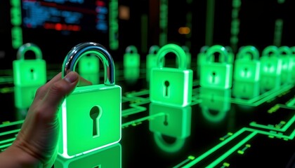 Futuristic Green Locks and Digital Security Illumination
