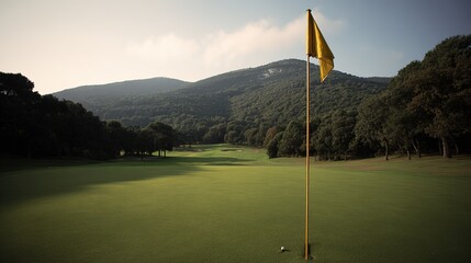 golf. Ancient golf course green glowing in morning light, manicured grass surface. event key visuals, club posters, designed for fitness apps and gym onboarding, used by fitness trainers.