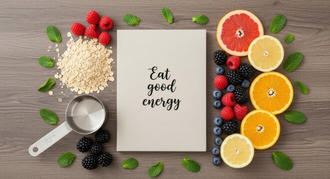 Healthy food arrangement with message Eat good energy on white paper