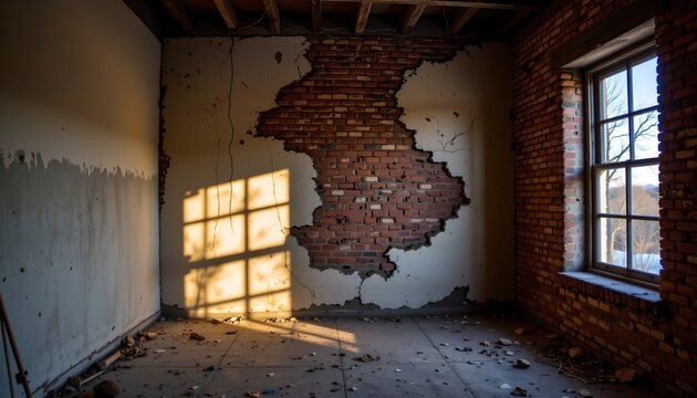 Abandoned Brick Wall with Sunlit Decay and Winter View