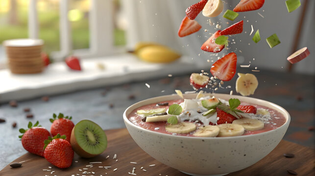Healthy smoothie bowl with banana, strawberry, kiwi, and coconut toppings in motion, ideal for breakfast menus, nutrition blogs, food advertisements, wellness campaigns