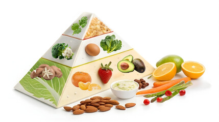3D food pyramid with fruits, vegetables, nuts, eggs, and grains, ideal for nutrition education, health programs, wellness infographics, dietary guidelines, and school materials