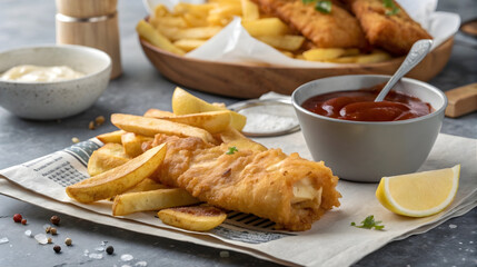 Classic fish and chips with ketchup, tartar sauce, and lemon, perfect for traditional food ads, British cuisine content, fast food promotions, and casual dining menus