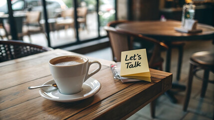 Coffee cup with “Let’s Talk” note on cafe table, ideal for conversation starters, therapy promotions, relationship blogs, coffee shop ads, and mental health campaigns
