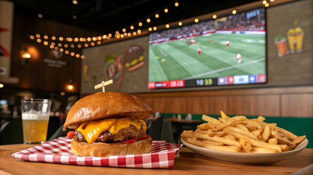 Classic cheeseburger and fries on table in sports bar with TV, ideal for pub food ads, sports event menus, casual dining promotions, and fast food campaigns