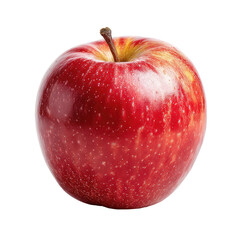 A single, ripe red apple with subtle yellow streaks, glossy skin, and a small stem atop, isolated on a black background