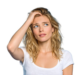 Fototapeta premium Woman feeling confused portrait emotional expression isolated on transparent background