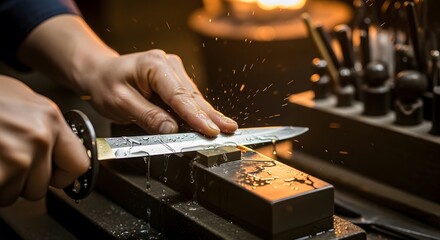 A craftsman carefully hones a gleaming blade against a wet stone, sparks flying in a warm, focused glow.