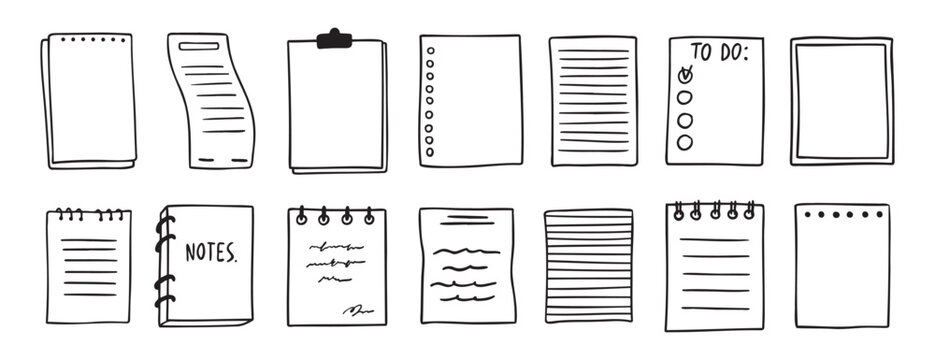 sheets various notebooks doodle hand drawn outline set. paper with stripes or dots, blank collection. Notebooks reminder, memory sketch pages. notes sheet