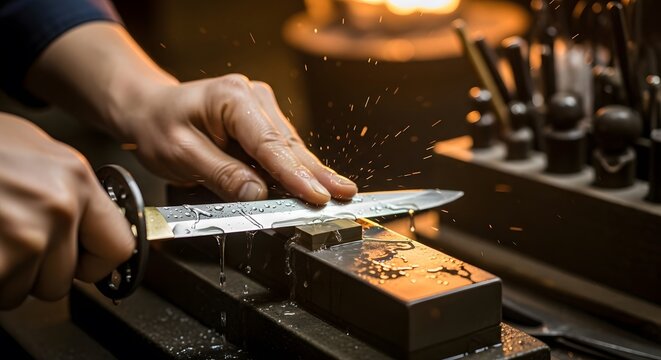 A craftsman carefully hones a gleaming blade against a wet stone, sparks flying in a warm, focused glow.