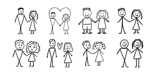 child drawing of a cute couple. simple sketch naive drawing of little people circles and lines. Love concept set