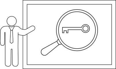 A stick figure in a tie pointing to a framed magnifying glass focusing on a key