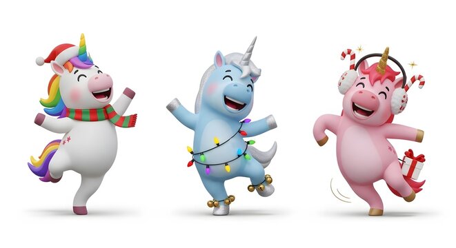 Three festive unicorns joyfully celebrate the holidays, dancing with holiday cheer and winter delight.