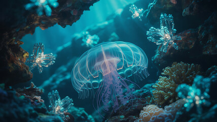 Obraz premium Majestic translucent jellyfish gracefully floats through vibrant coral reef in deep blue ocean water