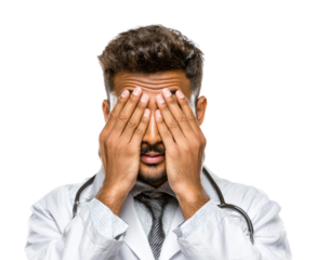 Doctor expressing stress clinic office portrait isolated on transparent background