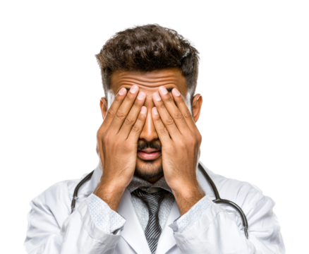 Doctor expressing stress clinic office portrait isolated on transparent background - Powered by Adobe