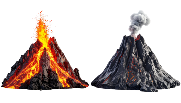 Volcano duo eruption set isolated on transparent background