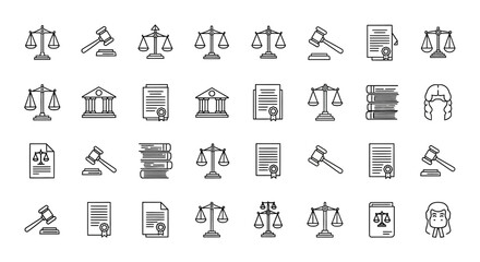 Set of law and justice icons outline vector symbols for legal services isolated on white background