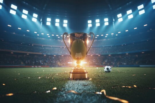 Golden trophy gleams on soccer field stadium lights shining