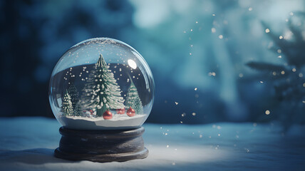 Snow globe with Christmas trees and a red car inside a festive holiday decoration creating a magical winter scene