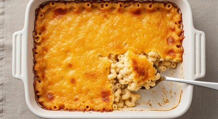 Homemade baked macaroni and cheese with a golden crust, served in a white baking dish with a spoon taking a scoop