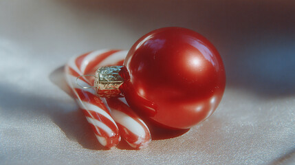 A festive red and white Christmas decoration scene featuring glittery bauble and candy canes on a vibrant red background perfect for holiday marketing and seasonal advertisements