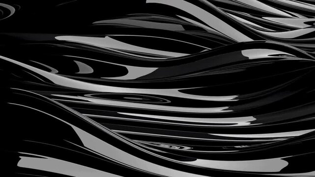 Abstract 3D animation of a black glossy liquid surface with flowing waves and ripples. Seamless loop. Dark, elegant, and modern motion graphics background.