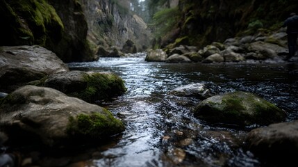 Fototapeta premium A serene river flows through a moss covered rocky gorge with a distant solitary figure walking along its banks under overcast skies
