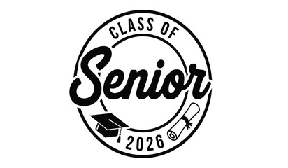 Class of senior 2026 graduation cap and diploma emblem symbol design in black and white