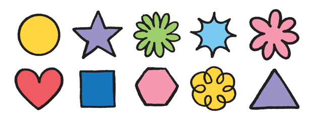 Chalk square, circle, triangle, star, flower and heart set. Crayon color kids geometric shapes. Hand drawn figures for children, poster, texture