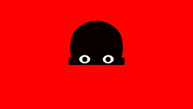 Peeking shadow figure with wide eyes on red background – suspense minimal poster