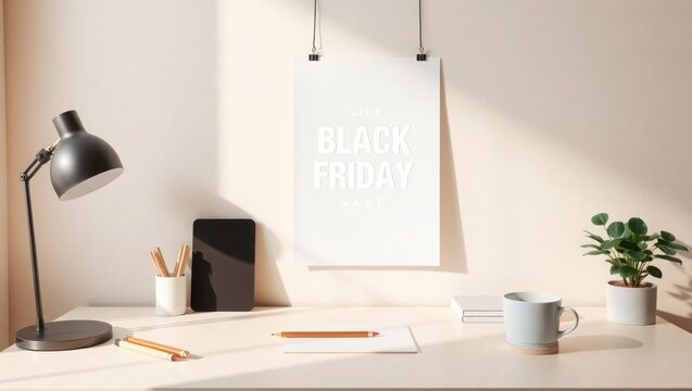 Modern desk setup with Black Friday sale poster