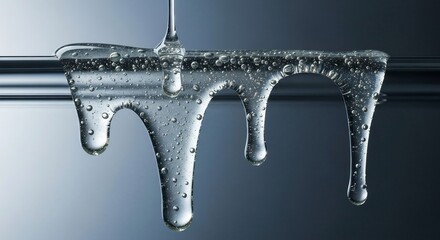Clear liquid drips from a chrome pipe filled with tiny bubbles against a gradient background