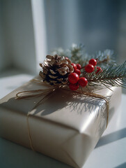A beautifully wrapped Christmas gift box tied with natural twine and decorated with a pinecone, red berries, and evergreen sprigs under soft natural light