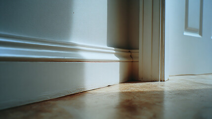 A close-up view of sunlight casting soft shadows along the corner of a white wall and door frame highlighting architectural details and textured flooring
