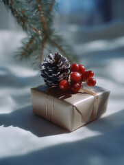 A beautifully wrapped Christmas gift box tied with natural twine and decorated with a pinecone, red berries, and evergreen sprigs under soft natural light