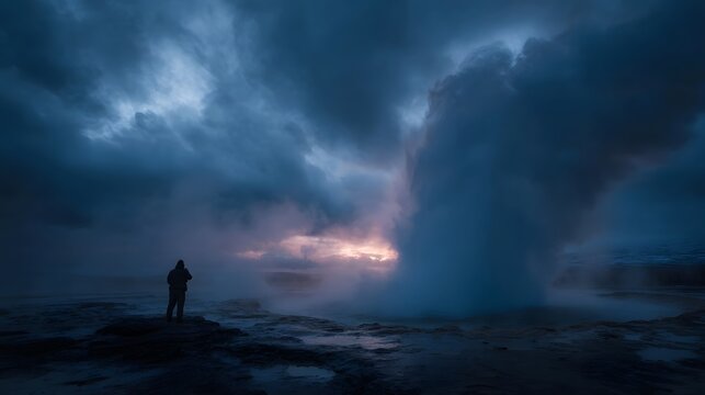 A lone photographer observes a dramatic geyser eruption under stormy twilight skies surrounded by mist and steam