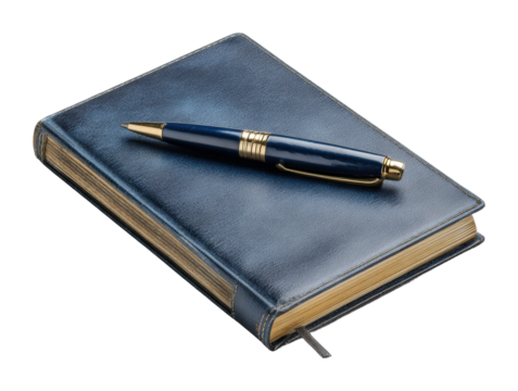 Writing inspiration blue notebook and pen desk setup home office isolated on transparent background