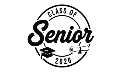 Class of 2026 senior graduation emblem with cap and scroll, celebrating achievement and future endeavors, symbol of academic success and milestone