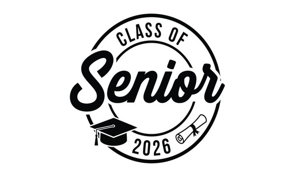 Celebratory class of 2026 senior year emblem design featuring graduation cap and diploma scroll, signifying achievement and upcoming graduation ceremony for high school or college students.