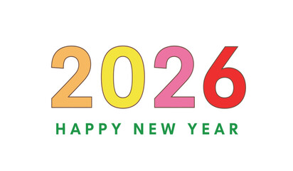 Vibrant graphic illustration of the numbers 2026 in orange, yellow, pink, and red, with 'happy new year' text below in green on a white background.