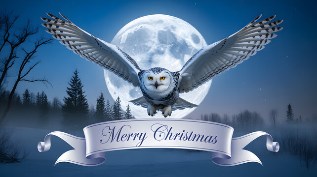Snowy owl flying at night with Merry Christmas banner winter holiday greeting card illustration