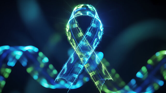 Abstract glowing blue and green ribbon symbol representing hope and awareness on a dark background - Powered by Adobe
