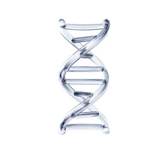 A stylized, metallic silver DNA double helix, rendered in a sleek, three-dimensional form against a black background